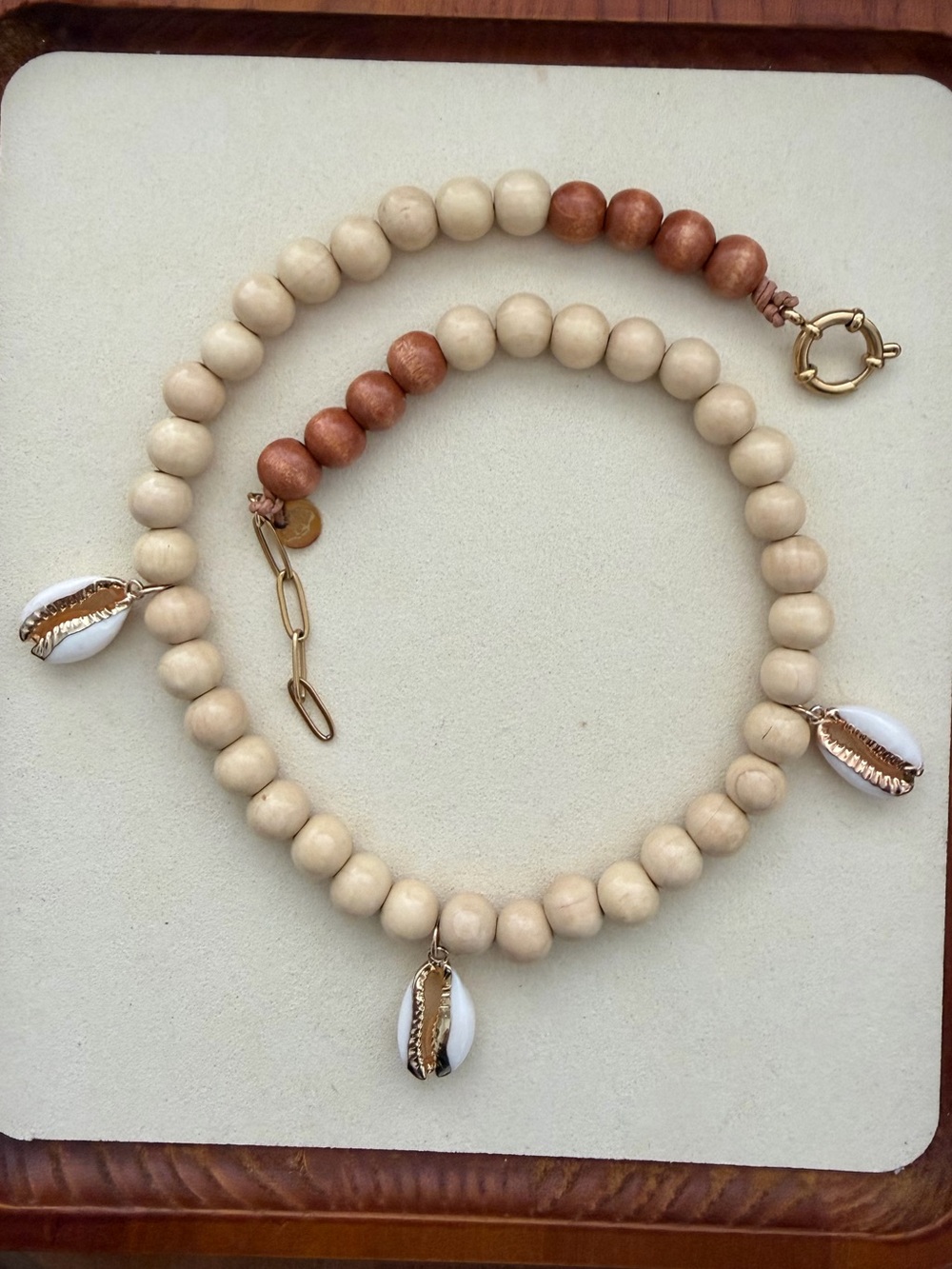 Cream and Brown Beaded Cowrie Charm Necklace